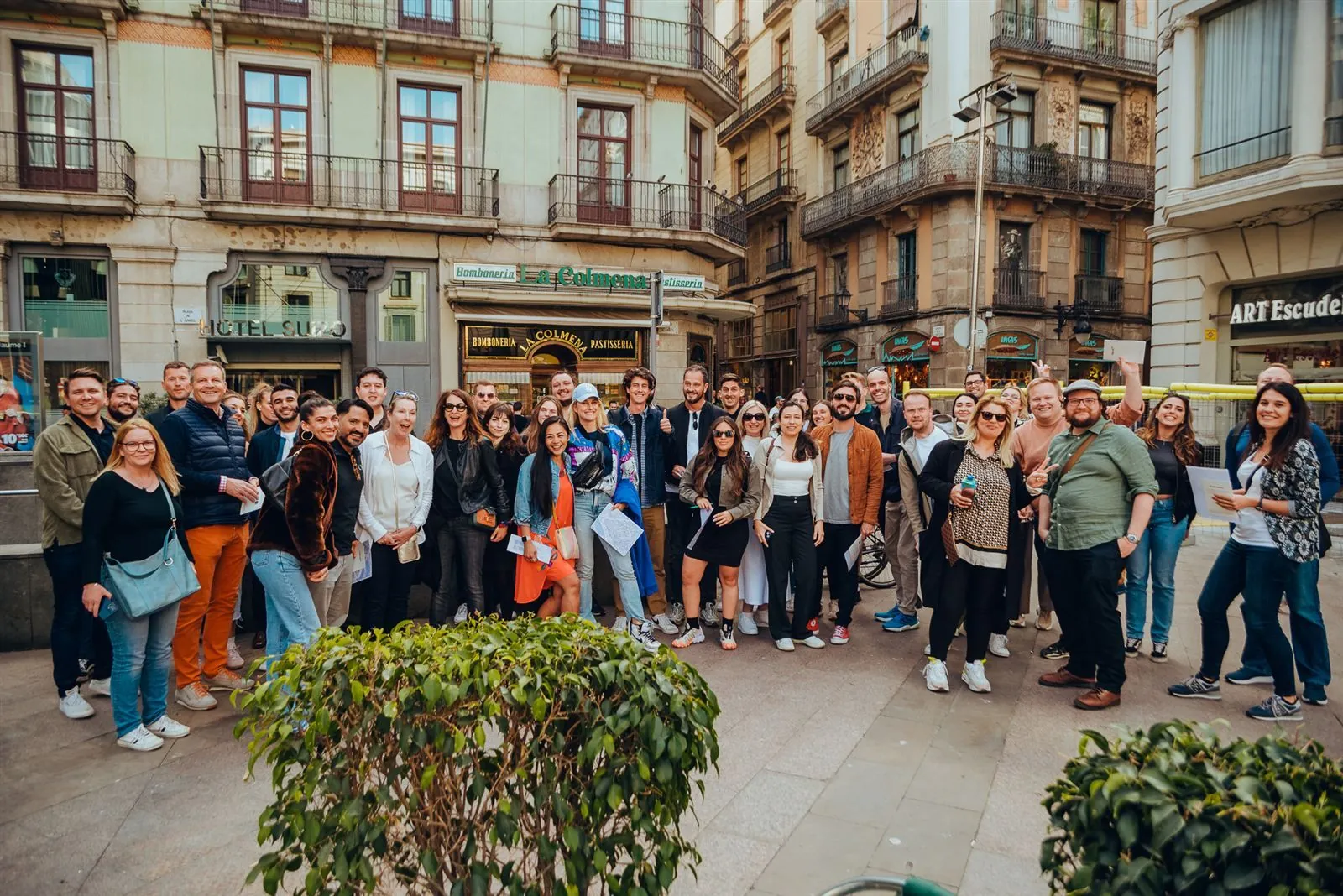 A large corporate group taking part in a Barcelona treasure hunt